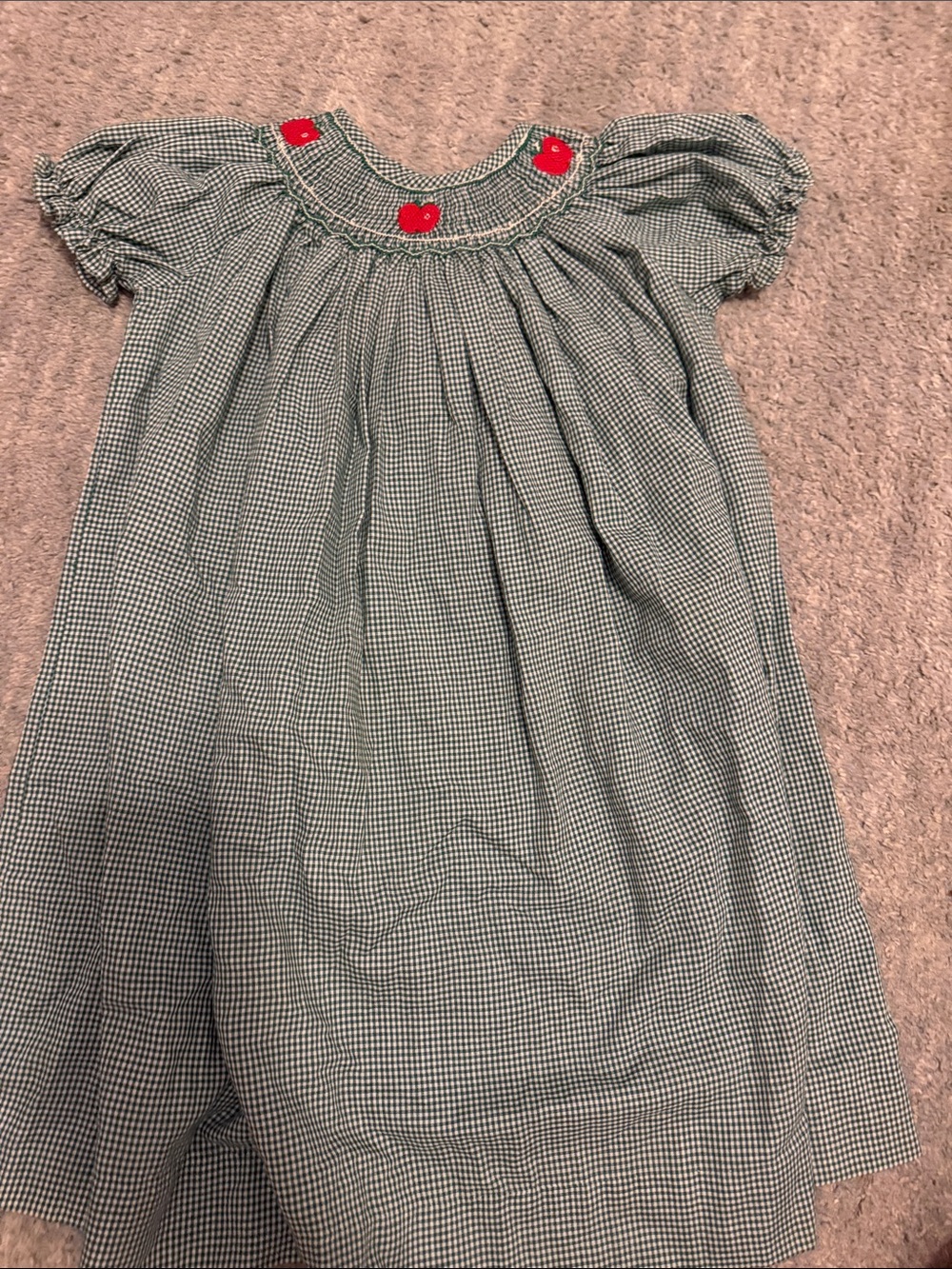 Green Gingham Smocked Kids Dress with Red Flower Details